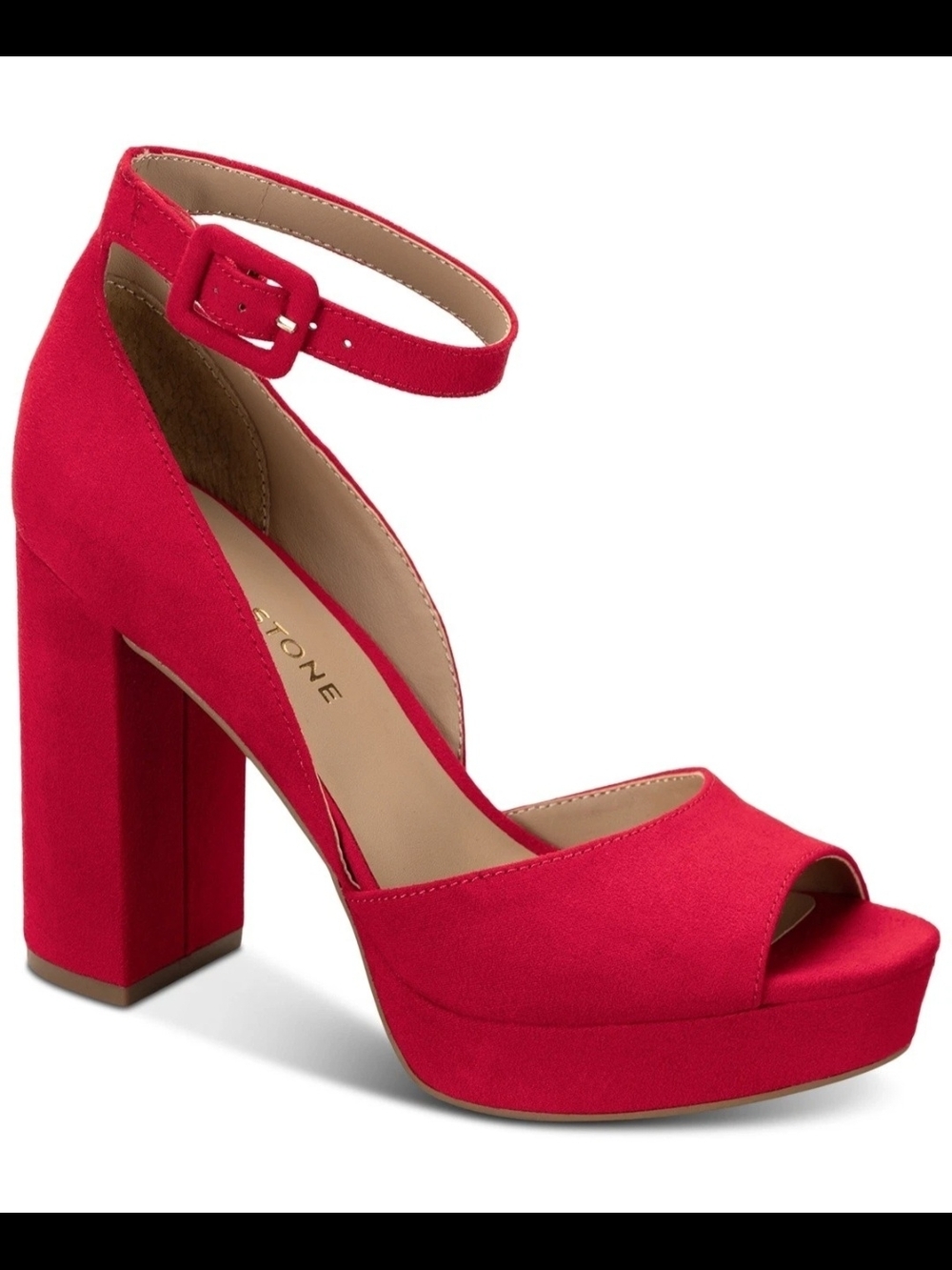 Sun + Stone Red Suede Platform Ankle-Strap Peep-Toe Heel